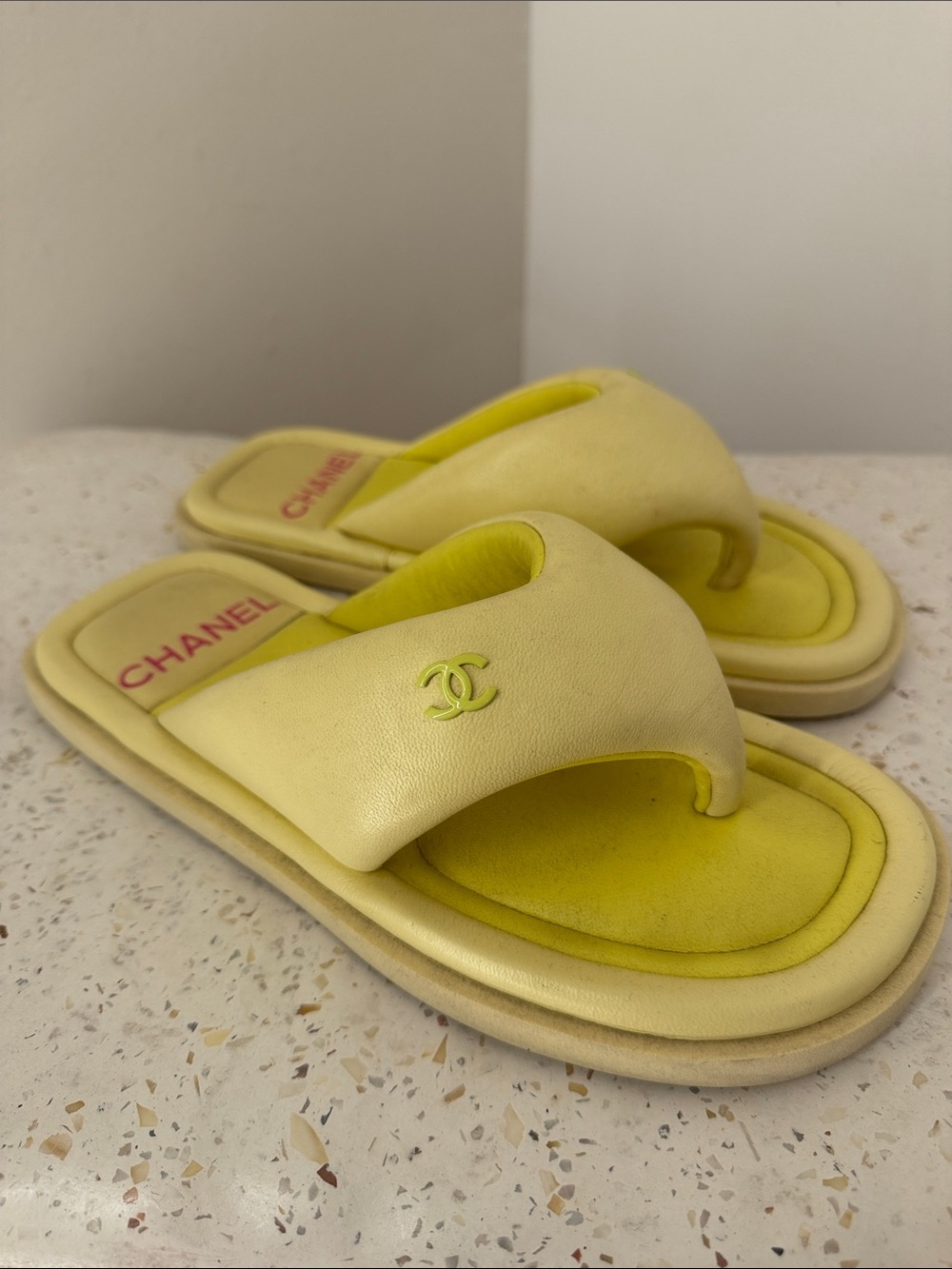 CHANEL Lemon Yellow  Padded Toe-Loop Sandals with CC Logo